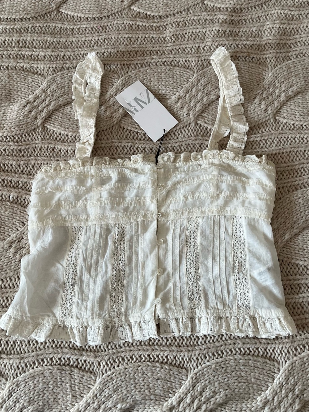 Zara White Button-Front Camisole with Lace SZ S NWT